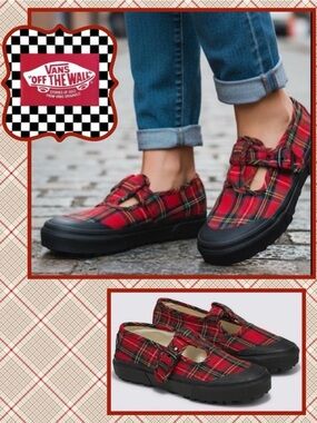 🆕 VANS style 93 Mary Janes T-Strap Red/Black Plaid Tartan Women 7|Men 5.5
